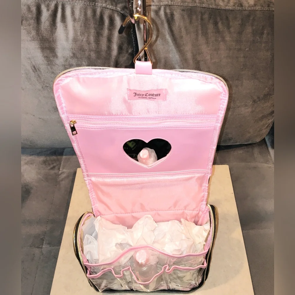 NWT JUICY COUTURE PINK TRAVEL COSMETIC BAG & BLACK HANGING TOILETRY BAG BUNDLE